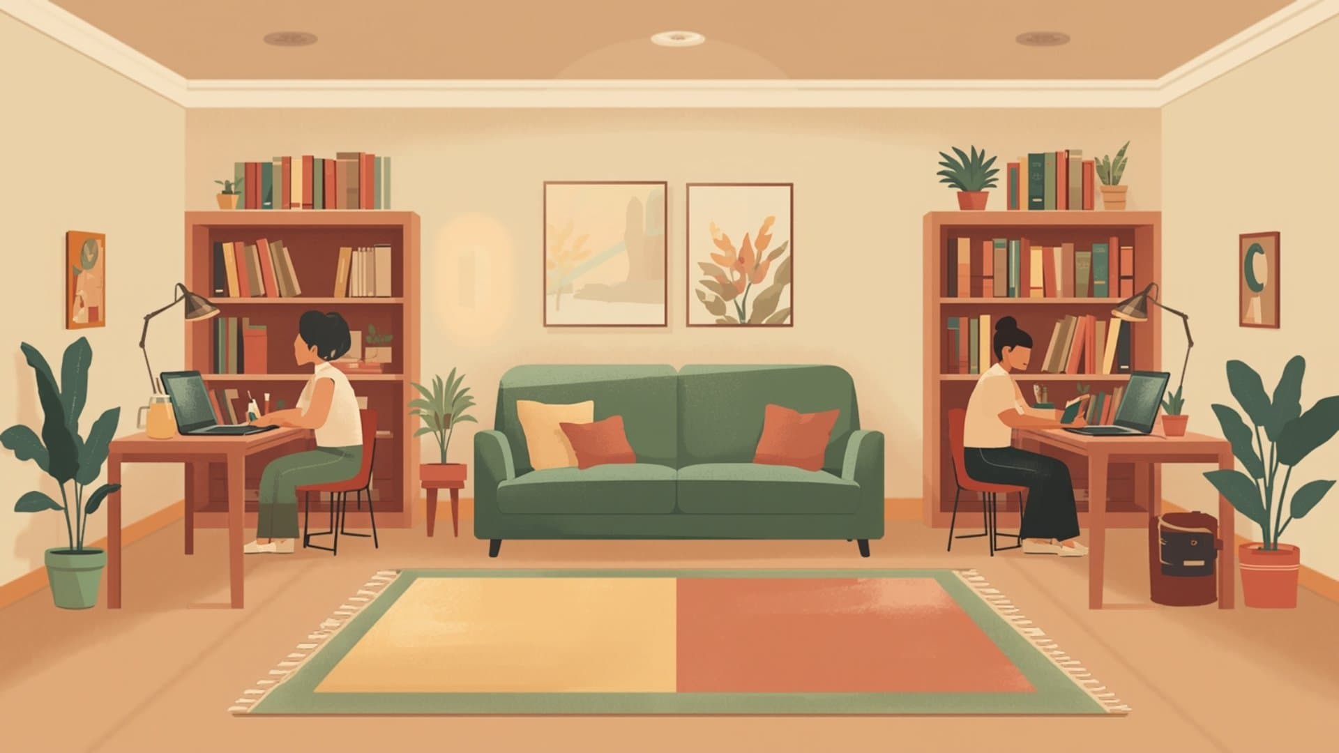 Illustration d'un salon partagé : à gauche un étudiant travaille, à droite un salarié, jamais en même temps